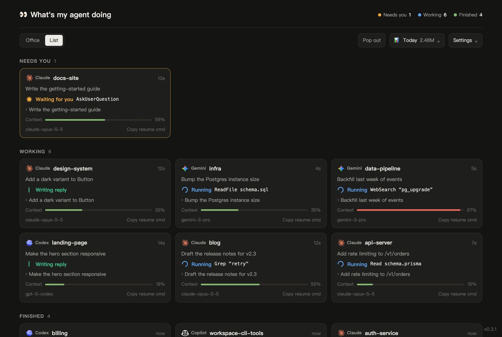 The list view with grouped session cards